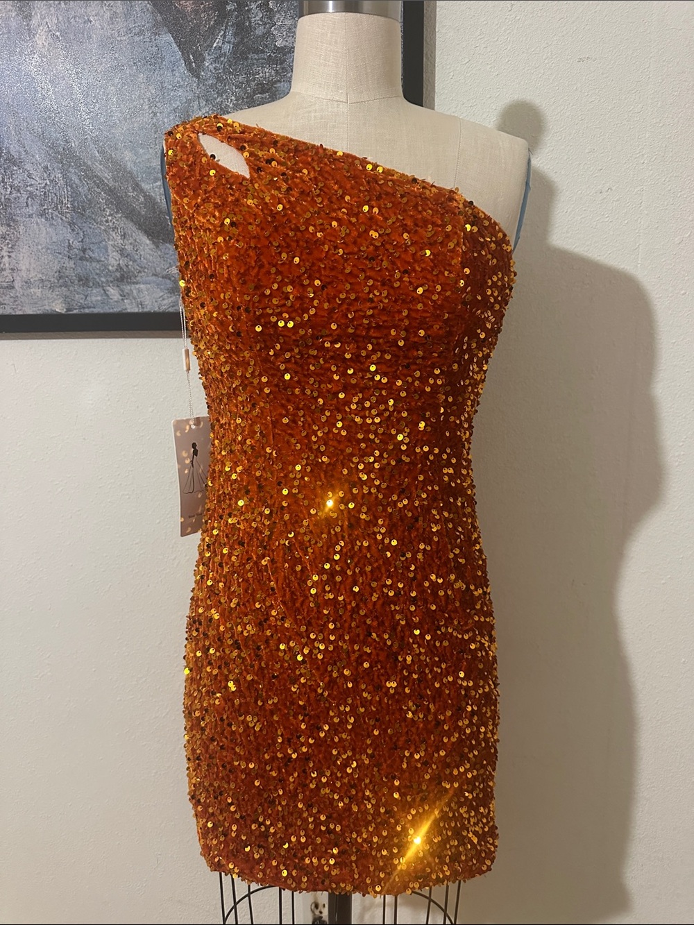 One-Shoulder Orange Sequin Mini Dress